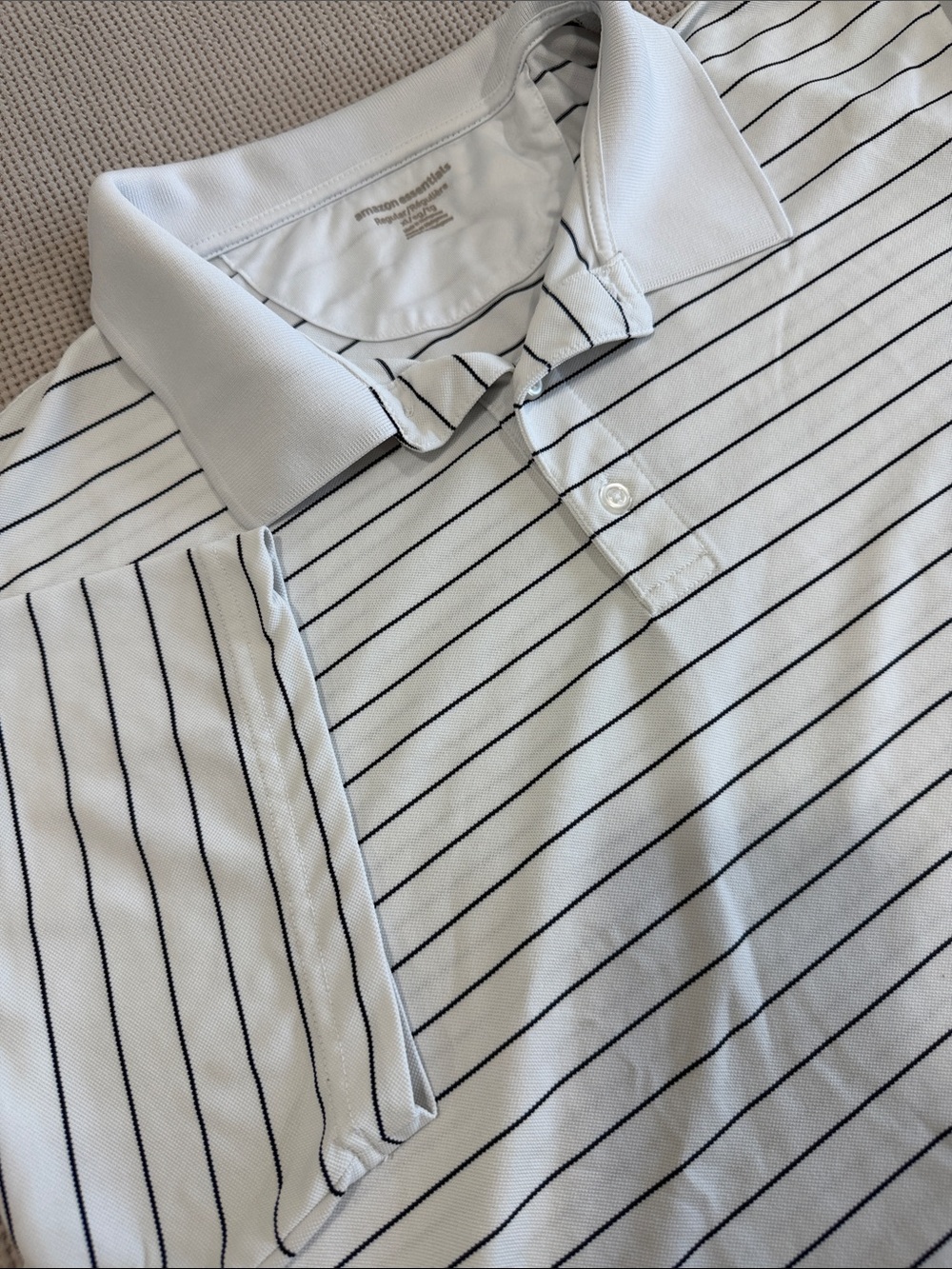 Amazon Essentials White Polo with Black Pinstripes